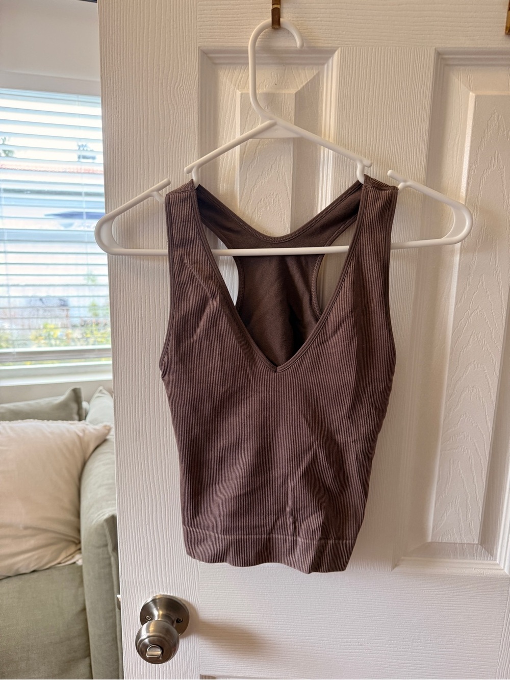 Ribbed V-Neck Racerback Crop Tank Top - Brown